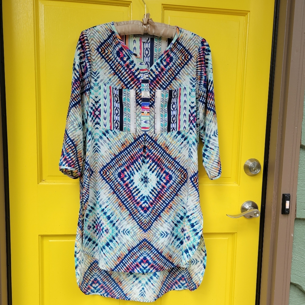 Valerie Stevens Geometric Print Tunic Dress Boho Folk Art Small